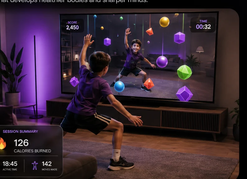 A child actively playing a movement game in a living room