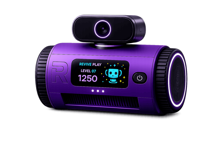 Revive Play hardware console with camera, display, and glowing accents