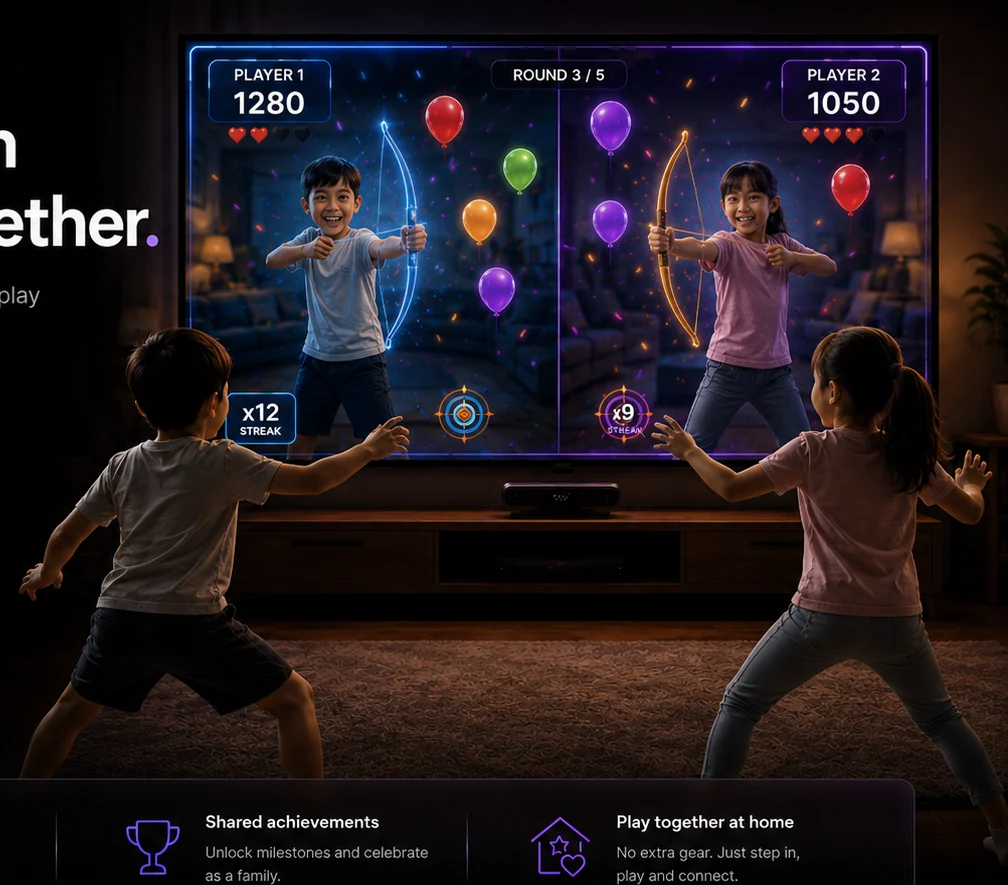 Two children playing a split-screen balloon archery game